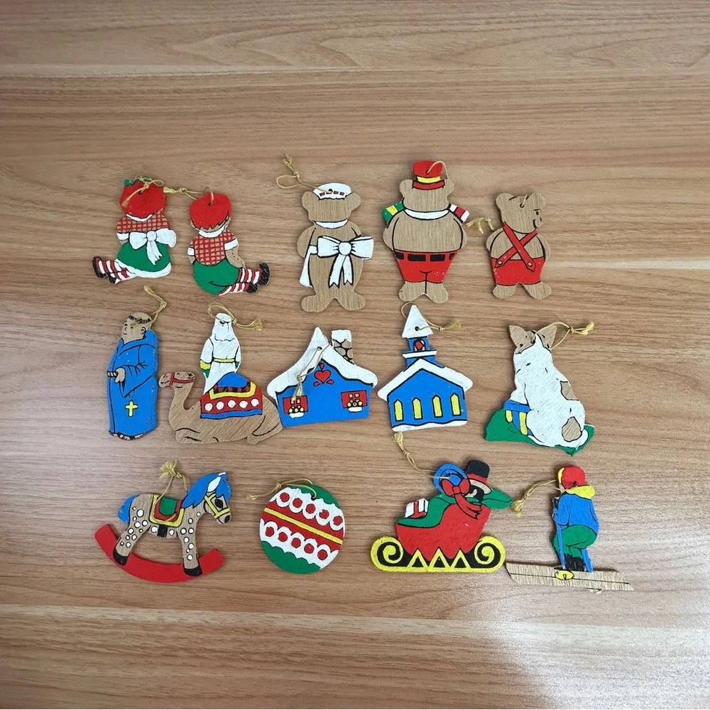Lot Of 26 Vintage Wooden Christmas Ornaments Hand Painted Double Sided